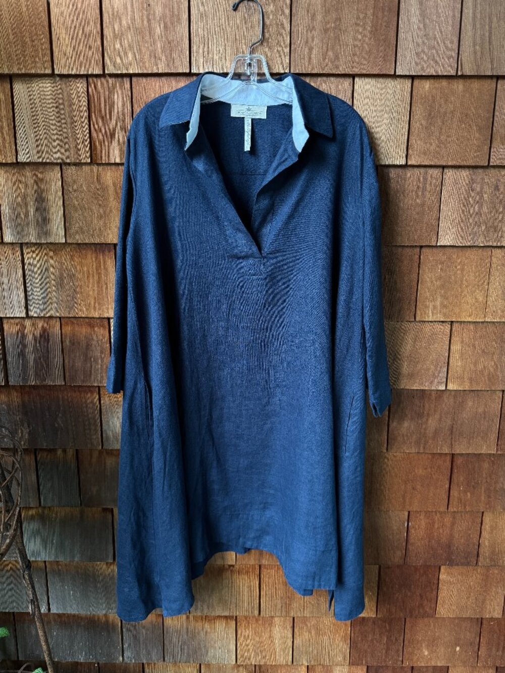 Crown Linen Designs Navy Linen A-Line Dress w/Three Quarter Sleeves in Large